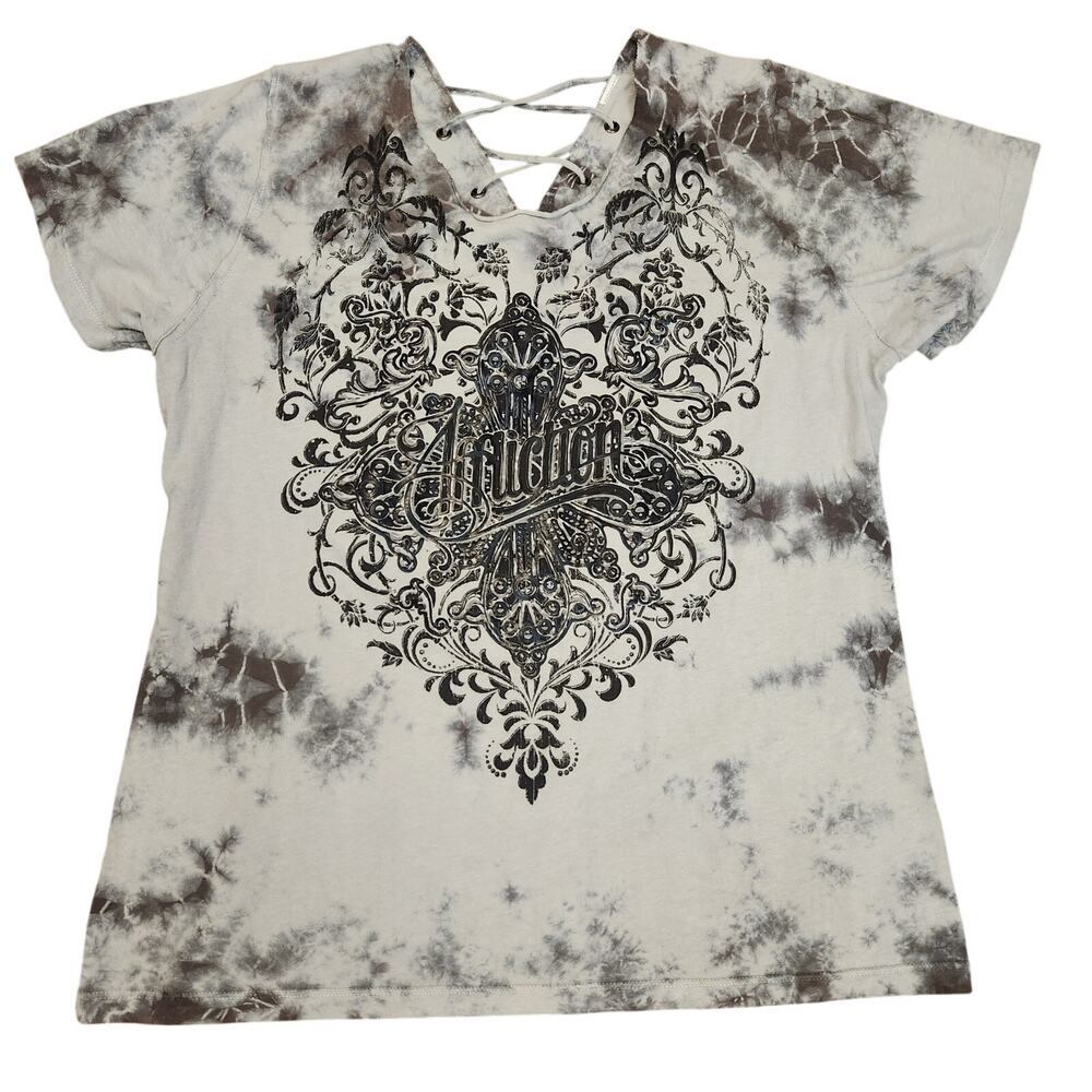 Y2k Affliction Women's Lace-Up V-Neck Graphic Tee Ice Wash Tie Dye Size 2XL